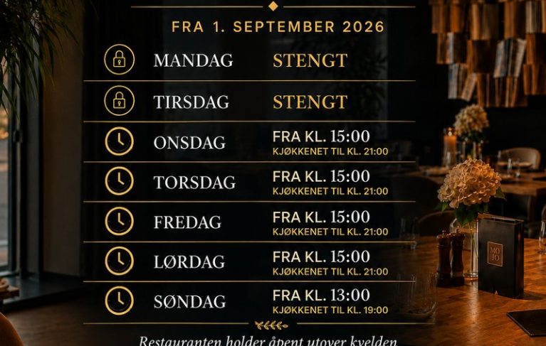 Nye åpningstider hos MOJO Restaurant fra 1. september 2026 Nye åpningstider hos MOJO Restaurant fra 1. september 2026